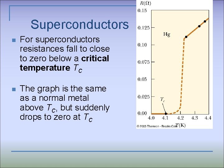 Superconductors n For superconductors resistances fall to close to zero below a critical temperature