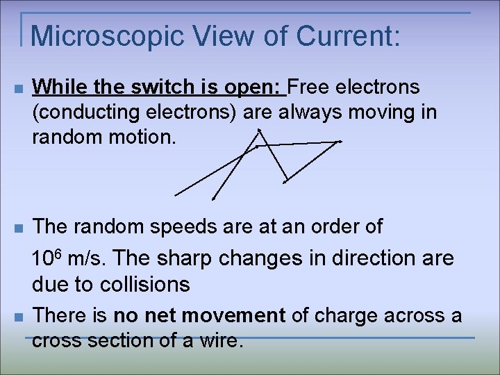 Microscopic View of Current: n While the switch is open: Free electrons (conducting electrons)