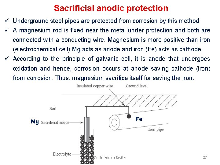 Sacrificial anodic protection ü Underground steel pipes are protected from corrosion by this method