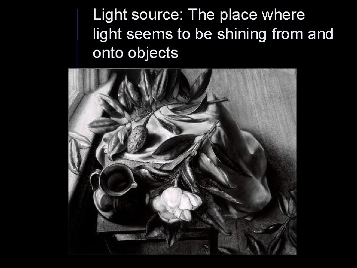 Light source: The place where light seems to be shining from and onto objects