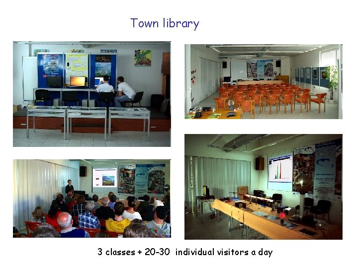 Town library 3 classes + 20 -30 individual visitors a day 