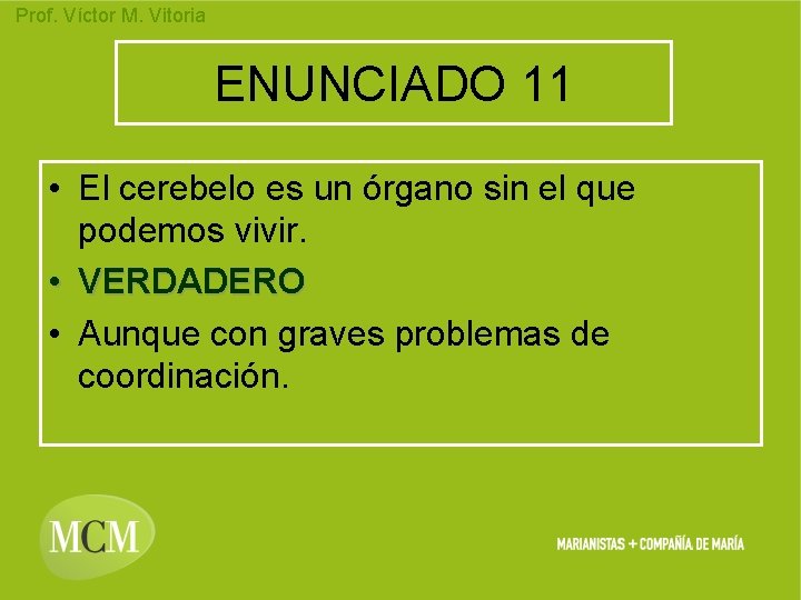 Prof. Víctor M. Vitoria ENUNCIADO 11 • El cerebelo es un órgano sin el