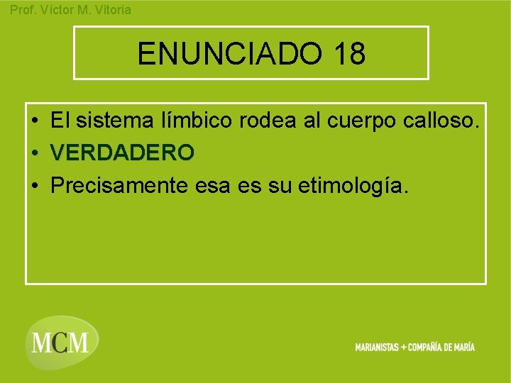 Prof. Víctor M. Vitoria ENUNCIADO 18 • El sistema límbico rodea al cuerpo calloso.