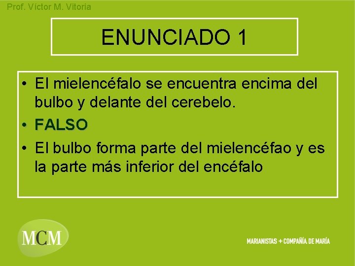 Prof. Víctor M. Vitoria ENUNCIADO 1 • El mielencéfalo se encuentra encima del bulbo Prof. Víctor M. Vitoria ENUNCIADO 1 • El mielencéfalo se encuentra encima del bulbo