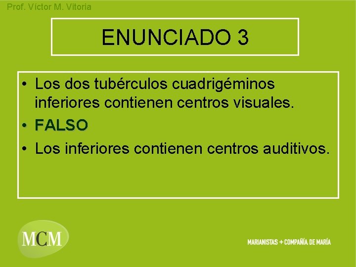 Prof. Víctor M. Vitoria ENUNCIADO 3 • Los dos tubérculos cuadrigéminos inferiores contienen centros