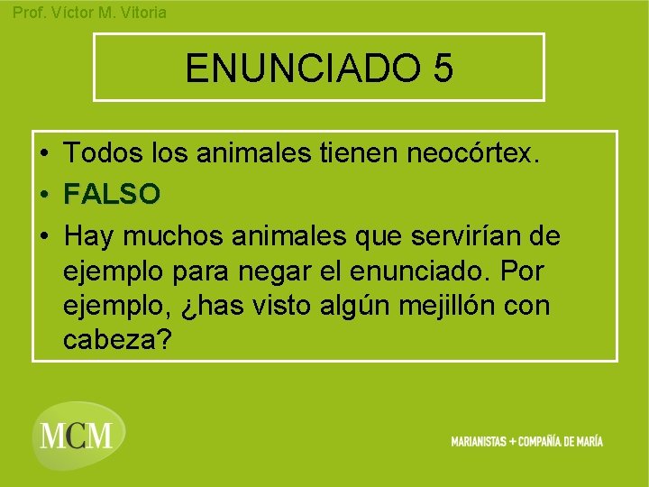 Prof. Víctor M. Vitoria ENUNCIADO 5 • Todos los animales tienen neocórtex. • FALSO