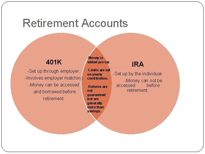 Retirement Accounts 401 K -Set up through employer. -Involves employer matching -Money can be
