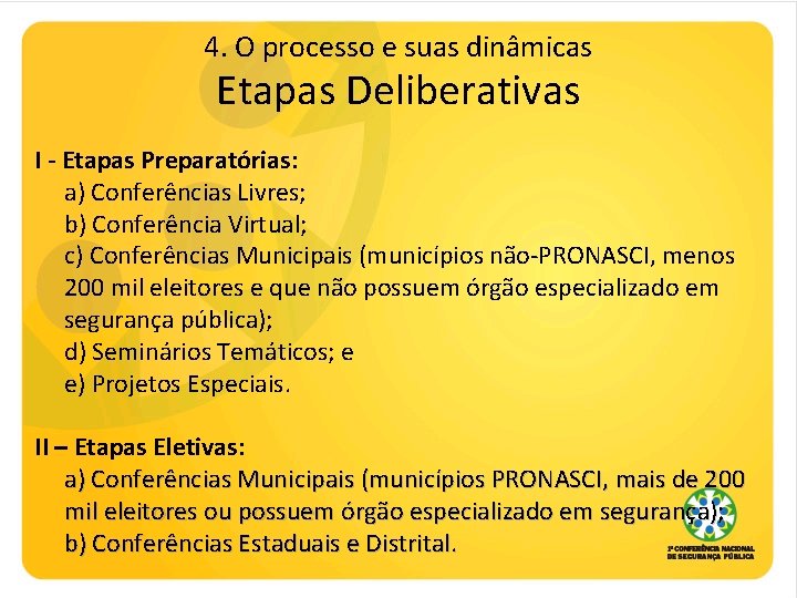 4. O processo e suas dinâmicas Etapas Deliberativas I - Etapas Preparatórias: a) Conferências