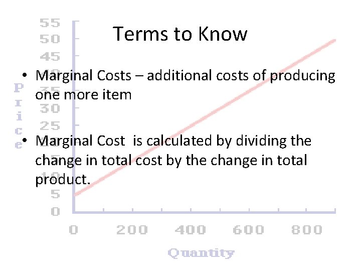Terms to Know • Marginal Costs – additional costs of producing one more item