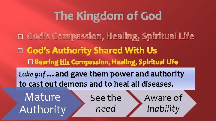 The Kingdom of God � � God’s Compassion, Healing, Spiritual Life God’s Authority Shared
