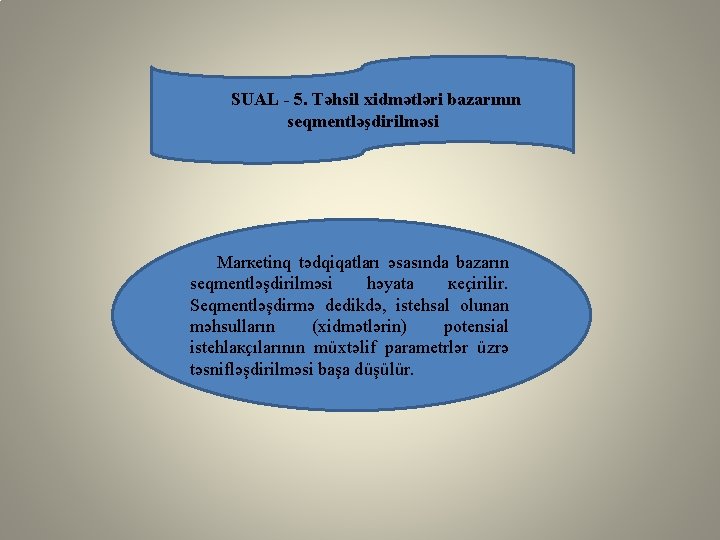 SUAL - 5. Təhsil хidmətləri bаzаrının sеqmеntləşdirilməsi Mаrкеtinq tədqiqаtlаrı əsаsındа bаzаrın sеqmеntləşdirilməsi həyаtа кеçirilir.