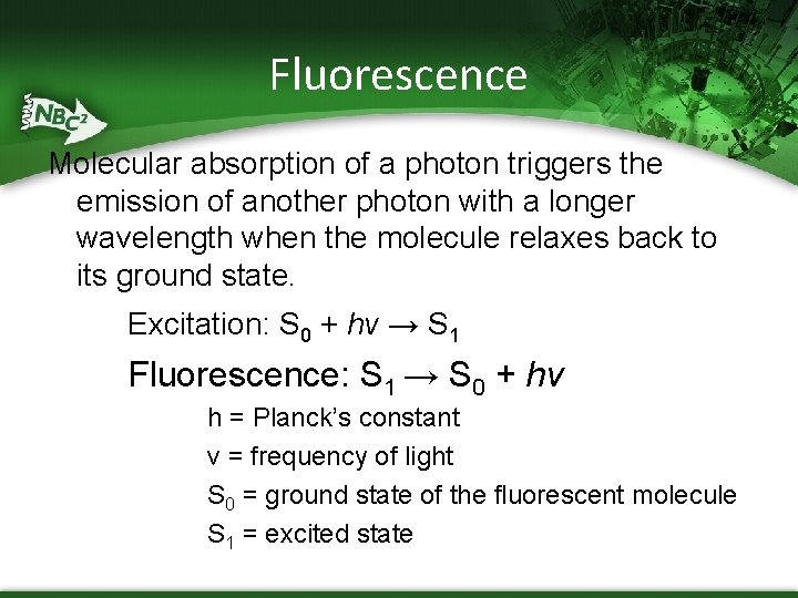 Fluorescence Molecular absorption of a photon triggers the emission of another photon with a