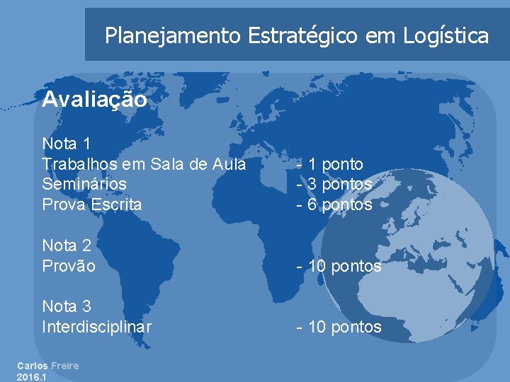 Planejamento Estratégico em Logística Avaliação Nota 1 Trabalhos em Sala de Aula Seminários Prova