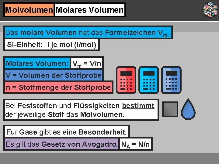 Molvolumen Molares Volumen Das molare Volumen hat das Formelzeichen Vm. SI-Einheit: l je mol