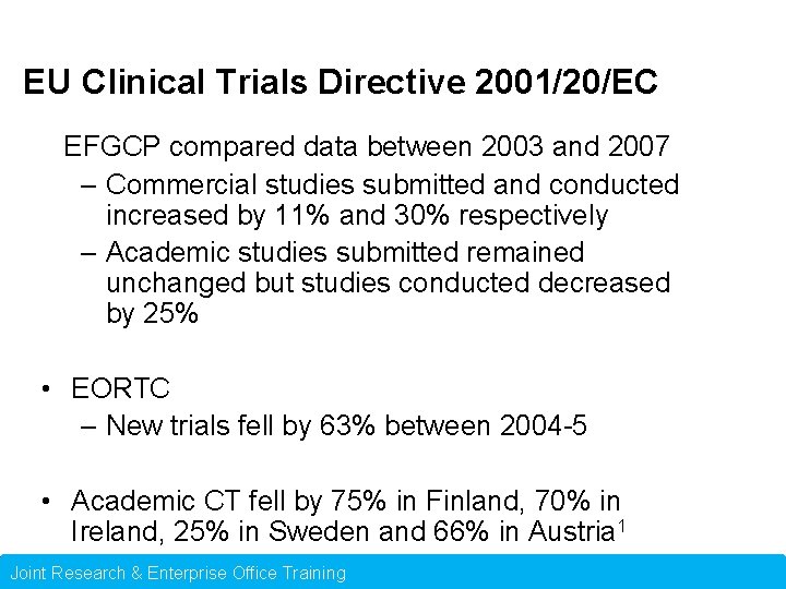 EU Clinical Trials Directive 2001/20/EC EFGCP compared data between 2003 and 2007 – Commercial