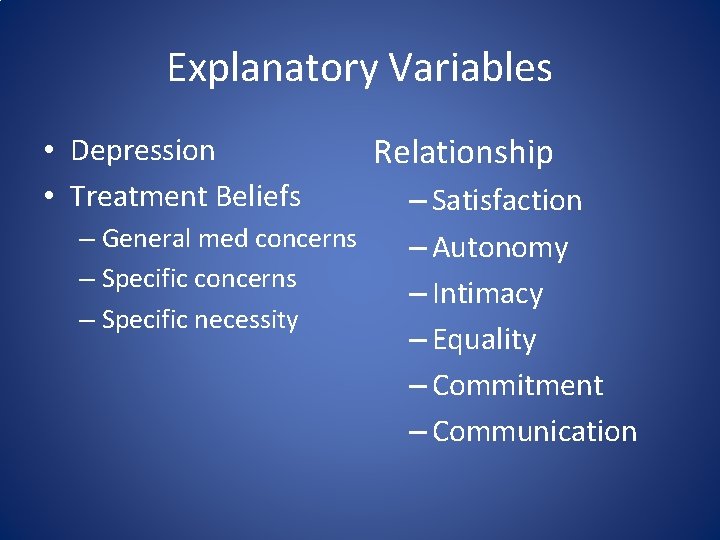 Explanatory Variables • Depression • Treatment Beliefs – General med concerns – Specific necessity