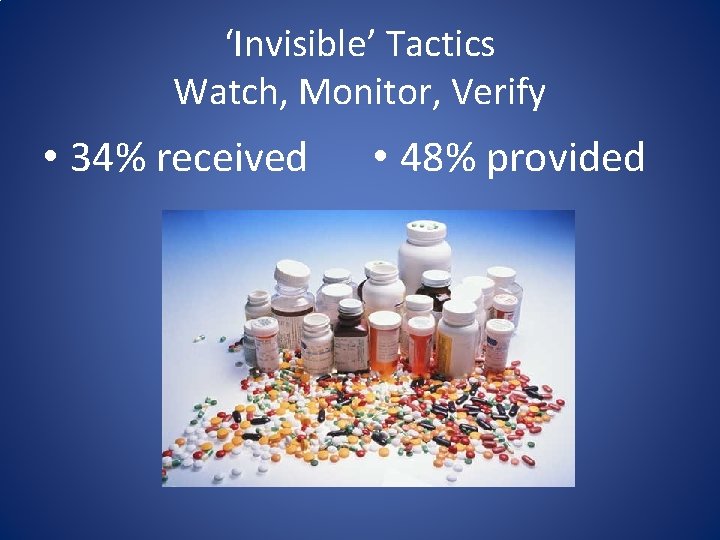 ‘Invisible’ Tactics Watch, Monitor, Verify • 34% received • 48% provided 