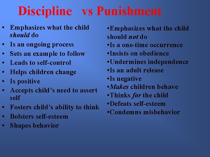 Discipline vs Punishment • Emphasizes what the child should do • Is an ongoing