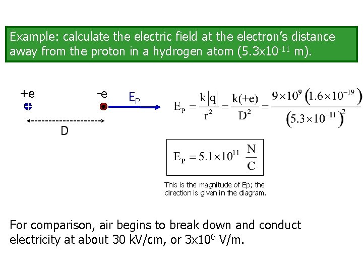 Example: calculate the electric field at the electron’s distance away from the proton in