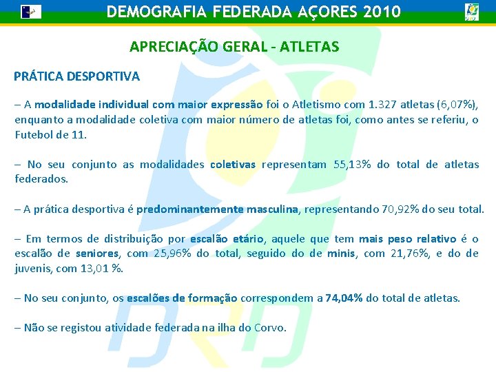 DEMOGRAFIA FEDERADA AÇORES 2010 APRECIAÇÃO GERAL - ATLETAS PRÁTICA DESPORTIVA – A modalidade individual