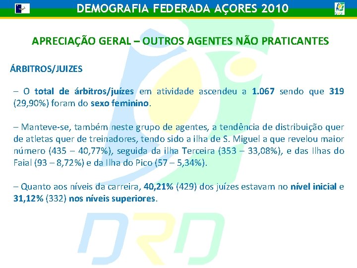 DEMOGRAFIA FEDERADA AÇORES 2010 APRECIAÇÃO GERAL – OUTROS AGENTES NÃO PRATICANTES ÁRBITROS/JUIZES – O