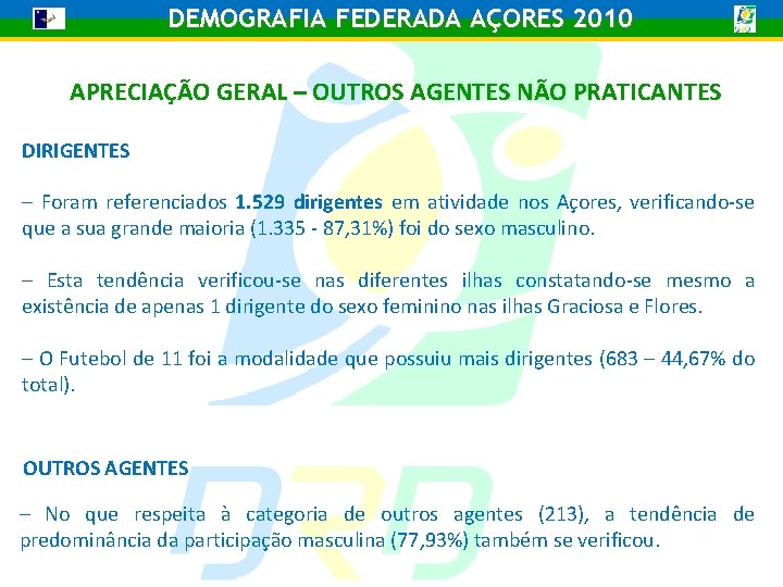 DEMOGRAFIA FEDERADA AÇORES 2010 APRECIAÇÃO GERAL – OUTROS AGENTES NÃO PRATICANTES DIRIGENTES – Foram