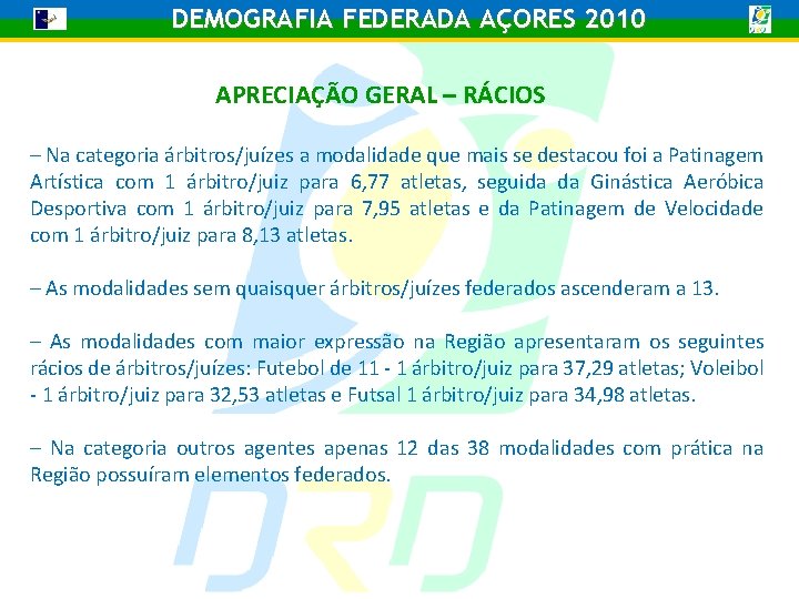 DEMOGRAFIA FEDERADA AÇORES 2010 APRECIAÇÃO GERAL – RÁCIOS – Na categoria árbitros/juízes a modalidade