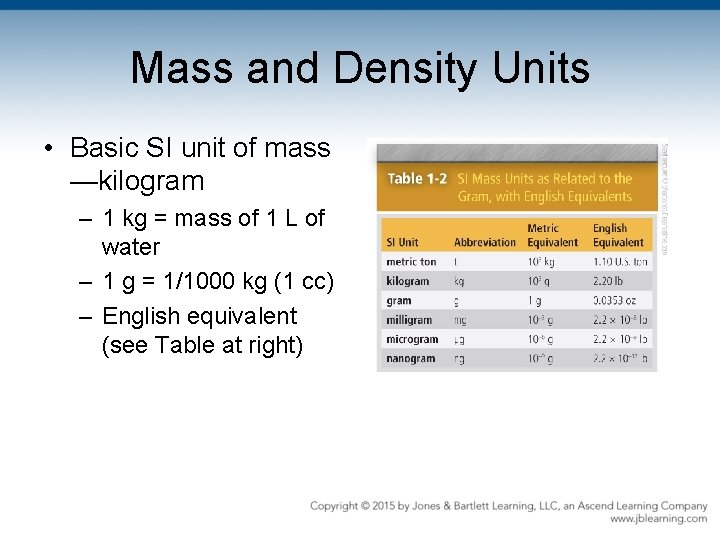 Mass and Density Units • Basic SI unit of mass —kilogram – 1 kg