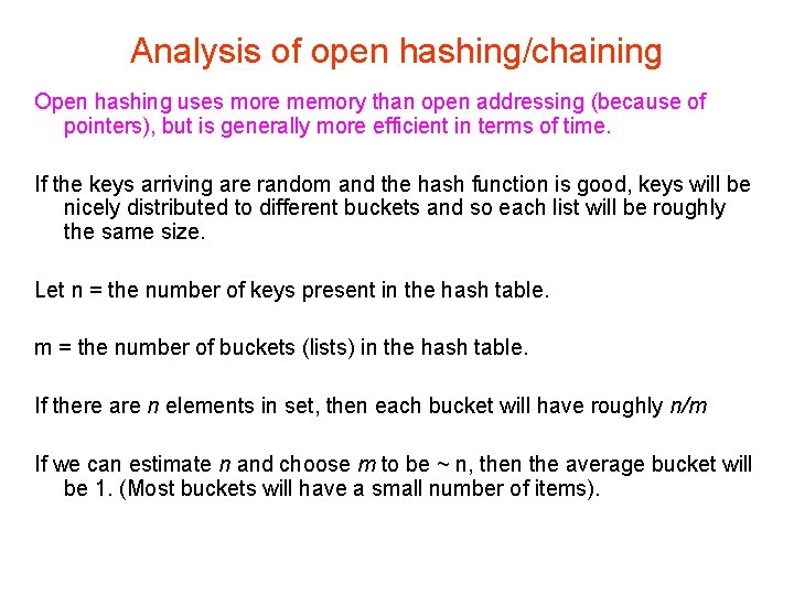 Analysis of open hashing/chaining Open hashing uses more memory than open addressing (because of