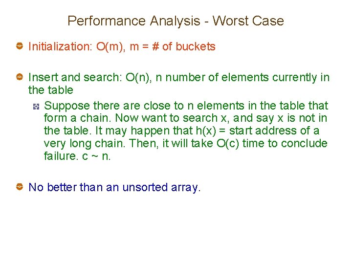 Performance Analysis - Worst Case Initialization: O(m), m = # of buckets Insert and