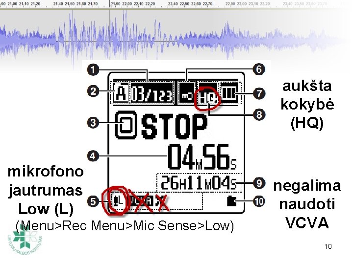 aukšta kokybė (HQ) mikrofono jautrumas Low (L) (Menu>Rec Menu>Mic Sense>Low) negalima naudoti VCVA 10