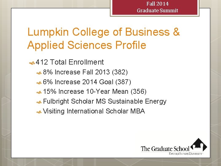 Fall 2014 Graduate Summit Lumpkin College of Business & Applied Sciences Profile 412 Total