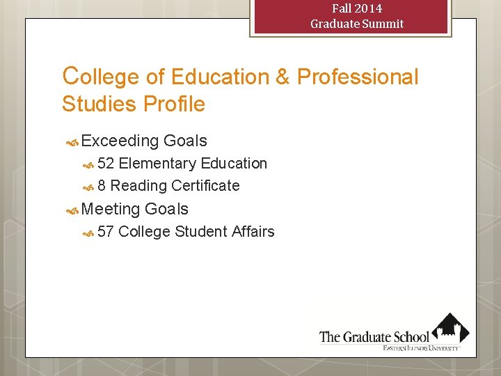 Fall 2014 Graduate Summit College of Education & Professional Studies Profile Exceeding Goals 52