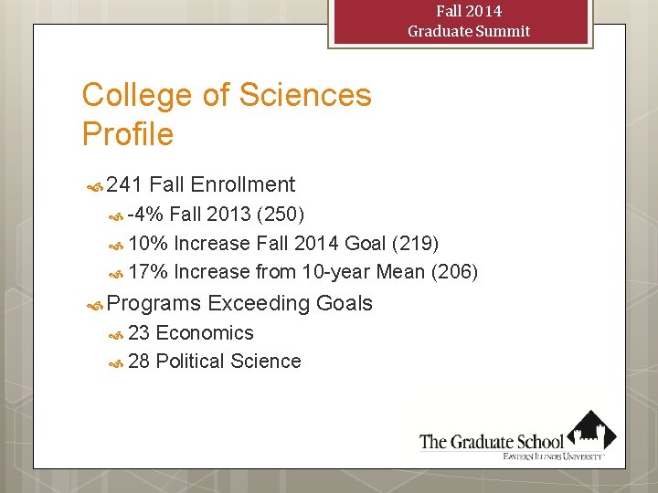 Fall 2014 Graduate Summit College of Sciences Profile 241 Fall Enrollment -4% Fall 2013