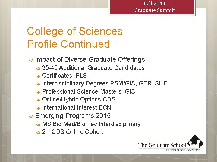 Fall 2014 Graduate Summit College of Sciences Profile Continued Impact of Diverse Graduate Offerings