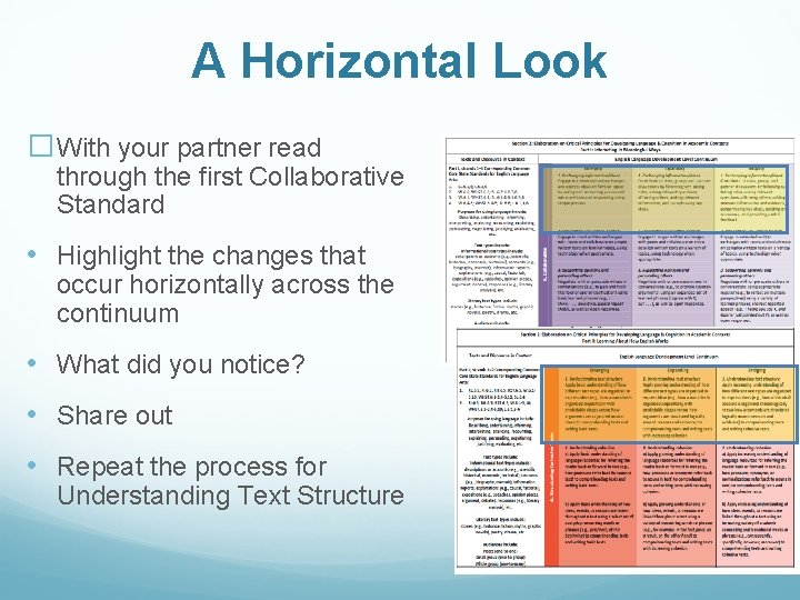 A Horizontal Look �With your partner read through the first Collaborative Standard • Highlight