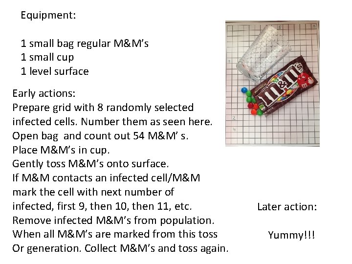 Equipment: 1 small bag regular M&M’s 1 small cup 1 level surface Early actions: