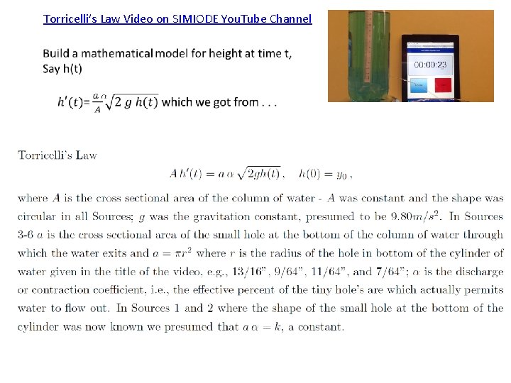 Torricelli’s Law Video on SIMIODE You. Tube Channel 