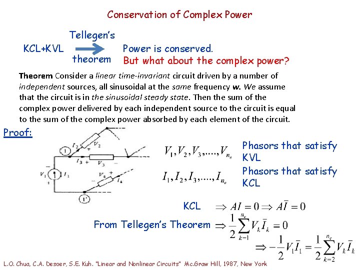 Conservation of Complex Power KCL+KVL Tellegen’s theorem Power is conserved. But what about the