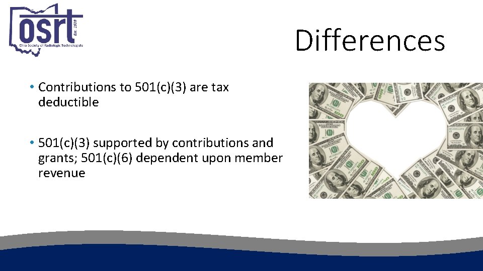 Differences • Contributions to 501(c)(3) are tax deductible • 501(c)(3) supported by contributions and