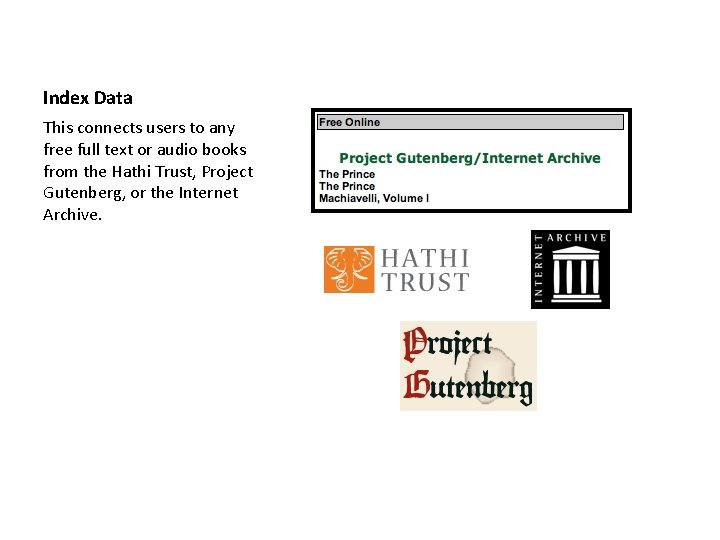 Index Data This connects users to any free full text or audio books from