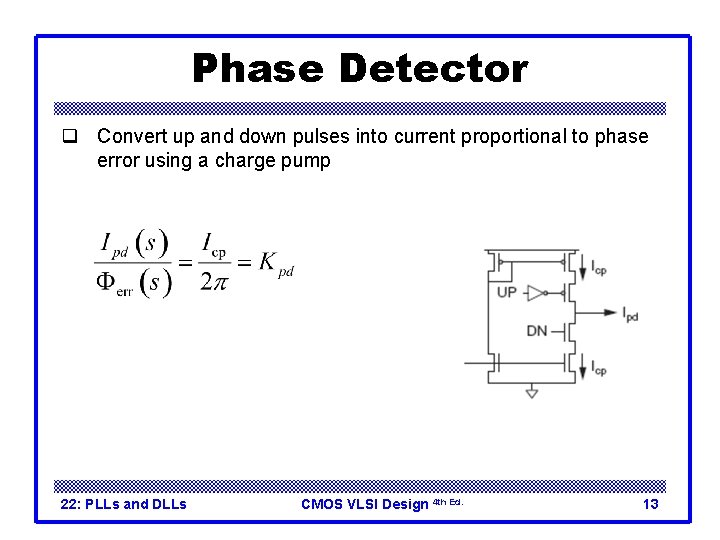 Phase Detector q Convert up and down pulses into current proportional to phase error