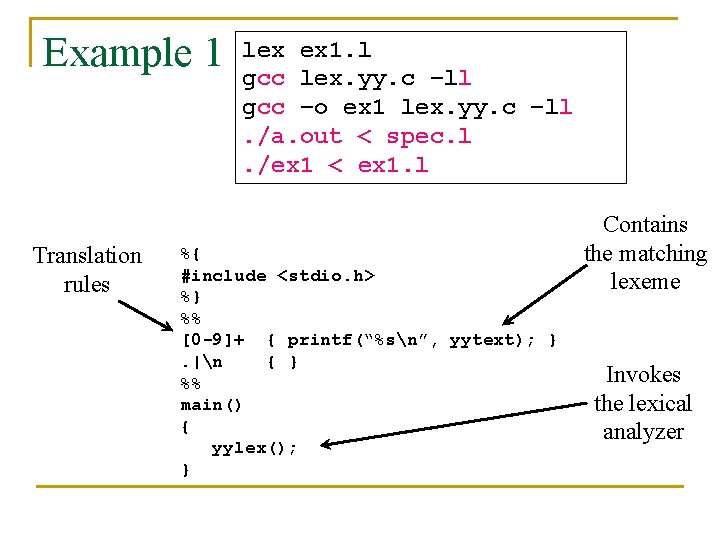 Example 1 Translation rules lex ex 1. l gcc lex. yy. c –ll gcc