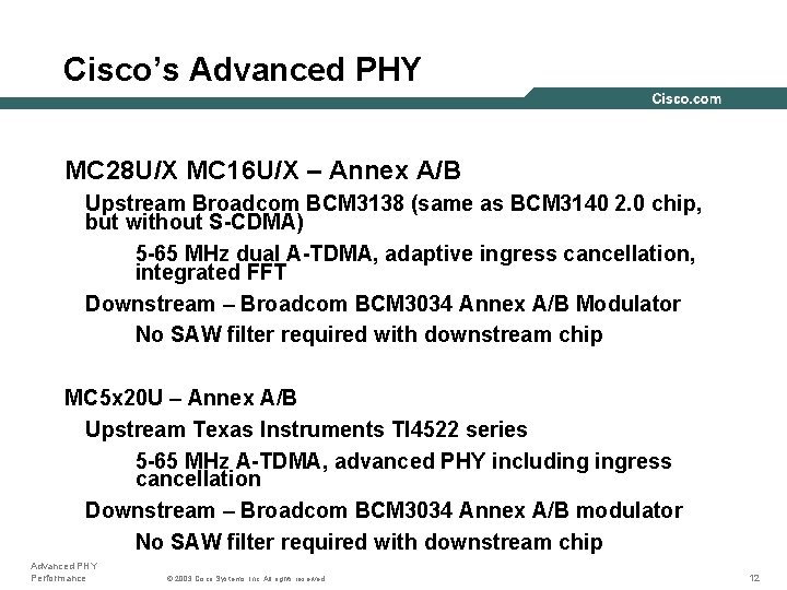 Cisco’s Advanced PHY MC 28 U/X MC 16 U/X – Annex A/B Upstream Broadcom