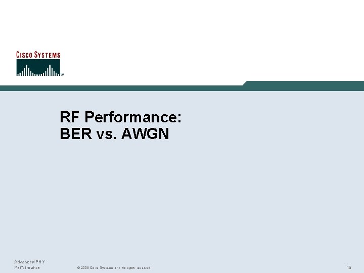 RF Performance: BER vs. AWGN Advanced PHY Performance © 2003 Cisco Systems, Inc. All