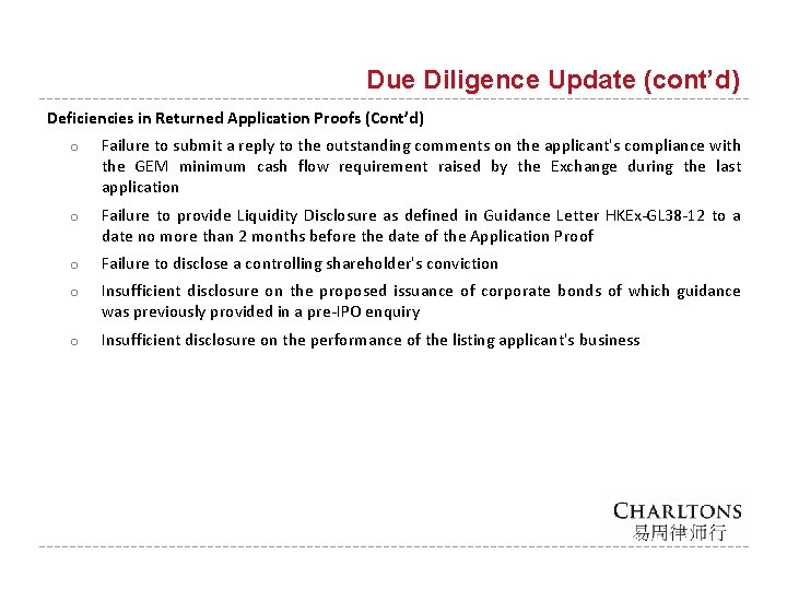 Due Diligence Update (cont’d) Deficiencies in Returned Application Proofs (Cont’d) o Failure to submit