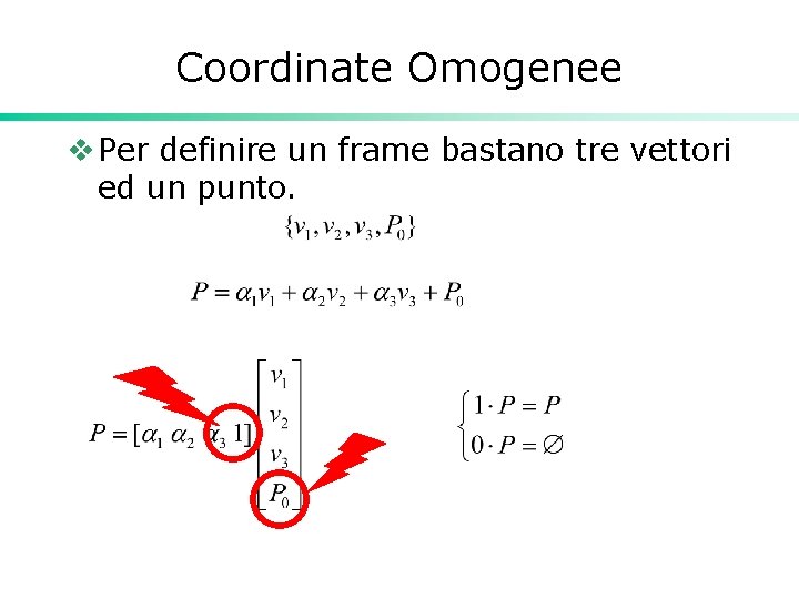 Coordinate Omogenee v Per definire un frame bastano tre vettori ed un punto. 