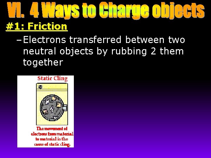 #1: Friction – Electrons transferred between two neutral objects by rubbing 2 them together