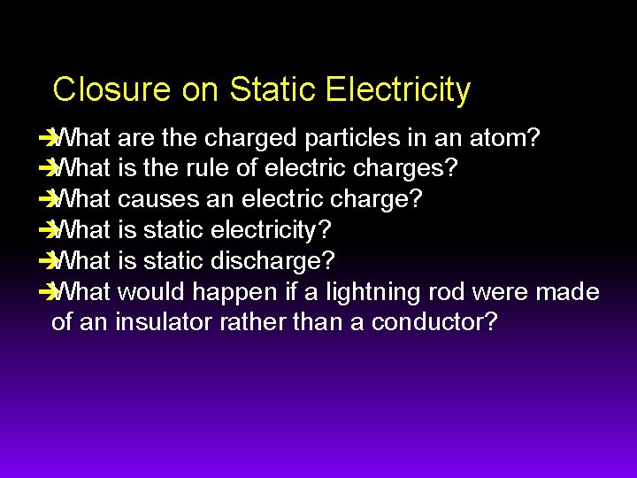 Closure on Static Electricity èWhat èWhat are the charged particles in an atom? is