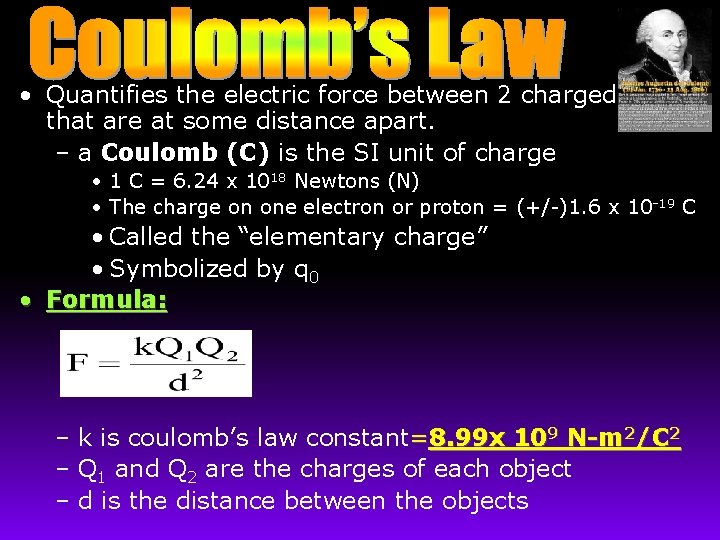  • Quantifies the electric force between 2 charged objects that are at some